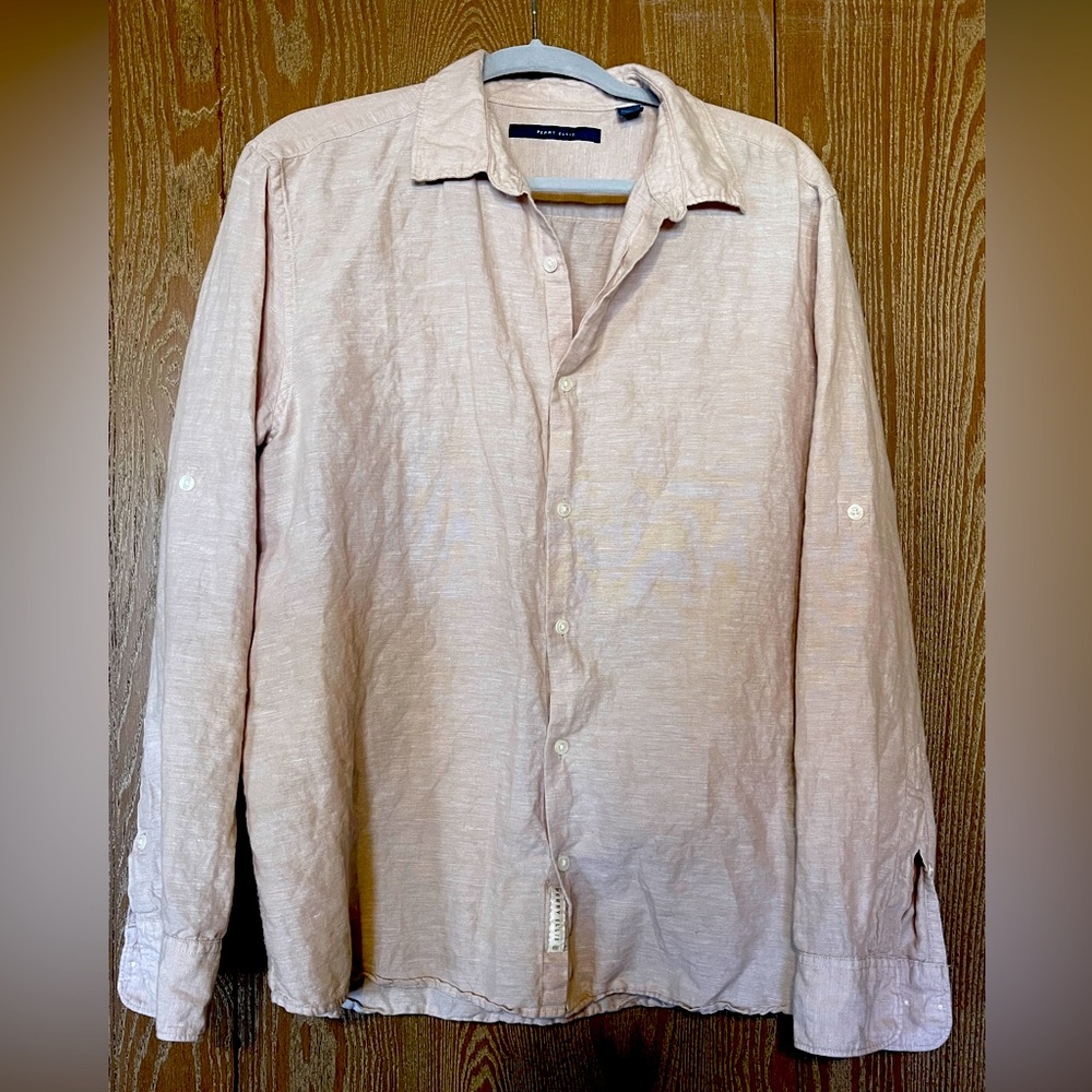 Men’s XL Tan Linen Perry Ellis Button Down Shirt
